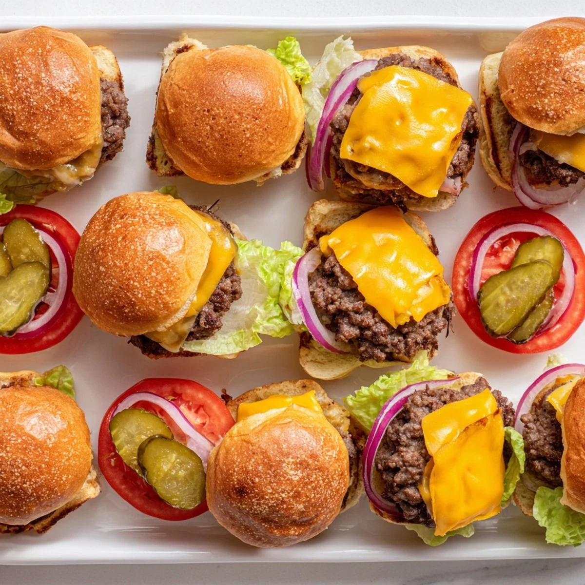 Golden-brown, cheesy sliders with pickles and special sauce on toasted buns, ideal for a party platter.