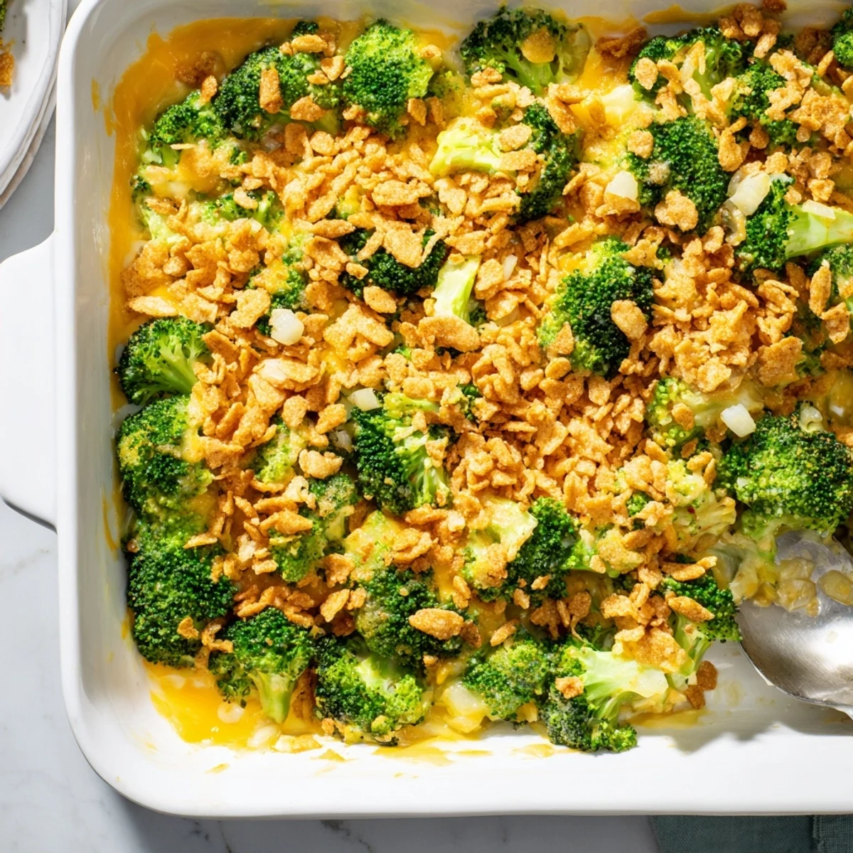 Golden brown Ritz cracker crumbs cover a bubbling Broccoli Casserole fresh from the oven.