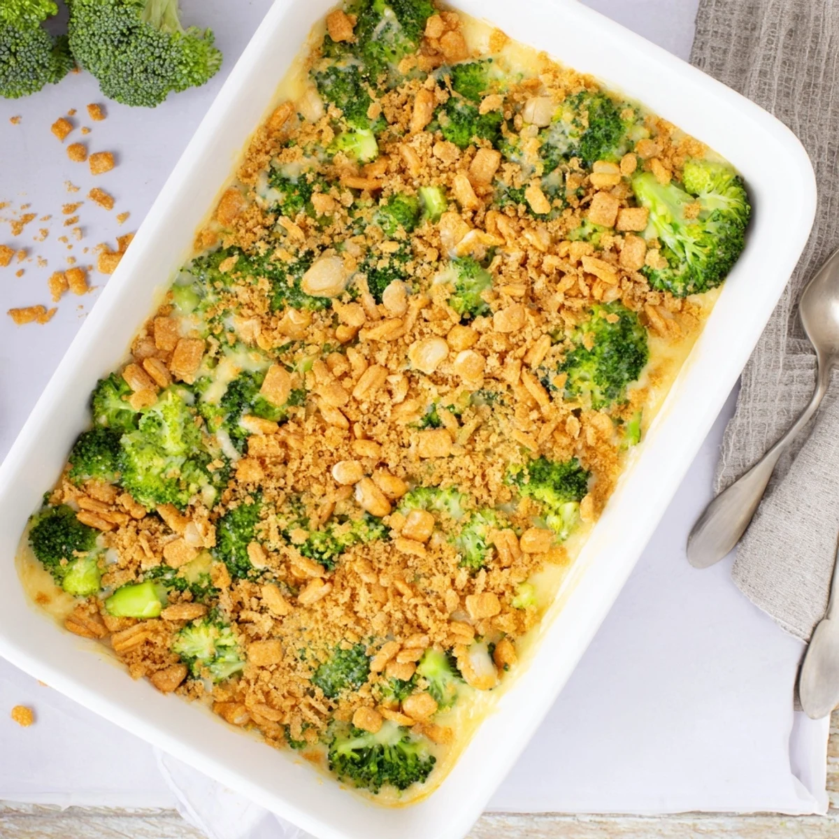 Holiday Broccoli Casserole served on a festive plate, topped with crispy buttery cracker crumbs.