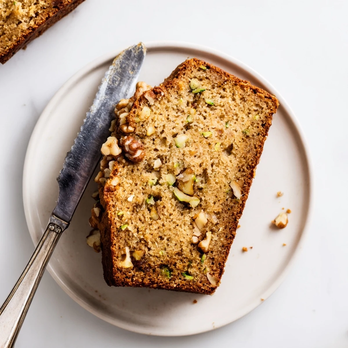 Freshly baked Zucchini Bread in a loaf pan, showcasing a golden-brown crust and visible shreds of zucchini, ready to slice.