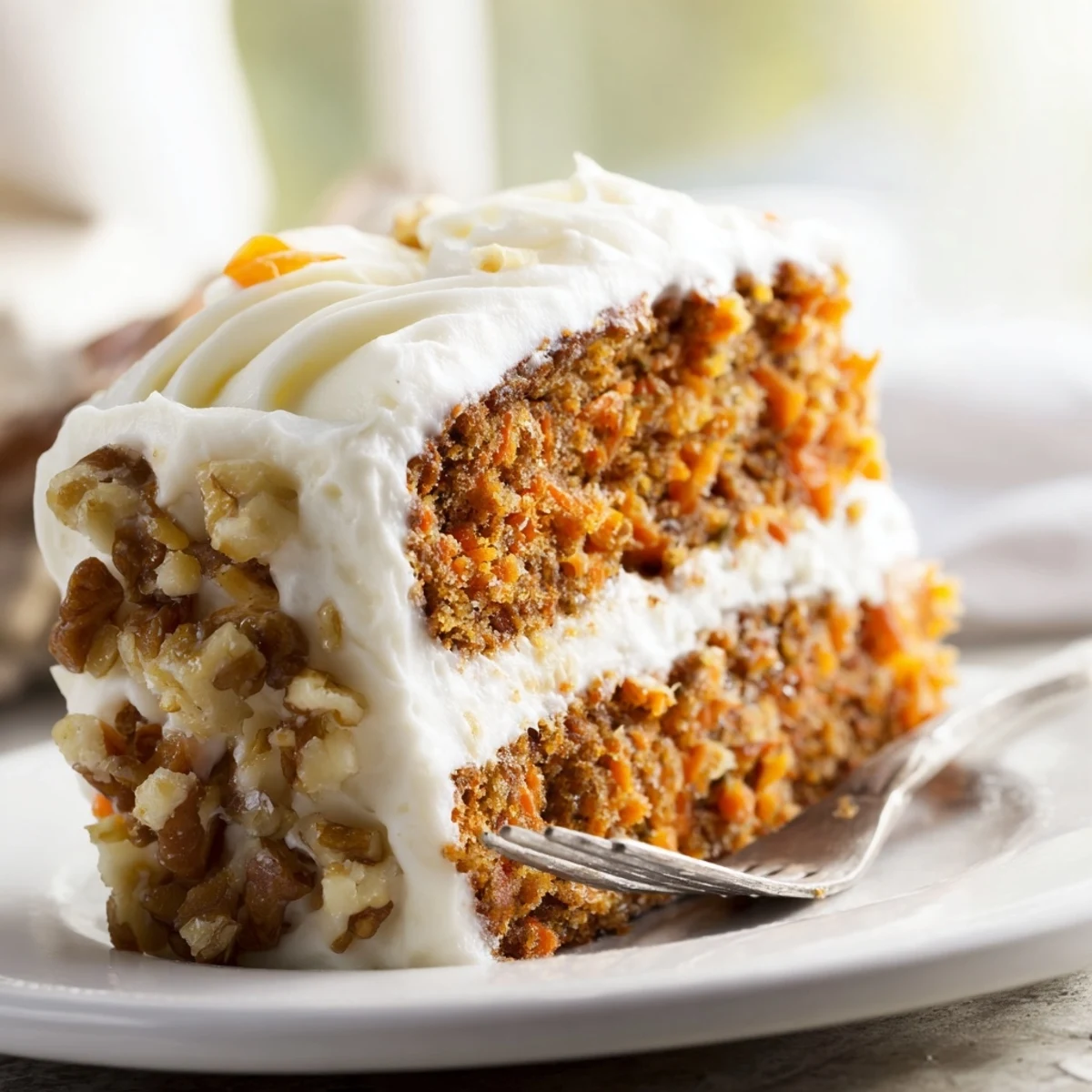 A slice of homemade carrot cake with cream cheese frosting, showcasing moist crumbs and pineapple bits.