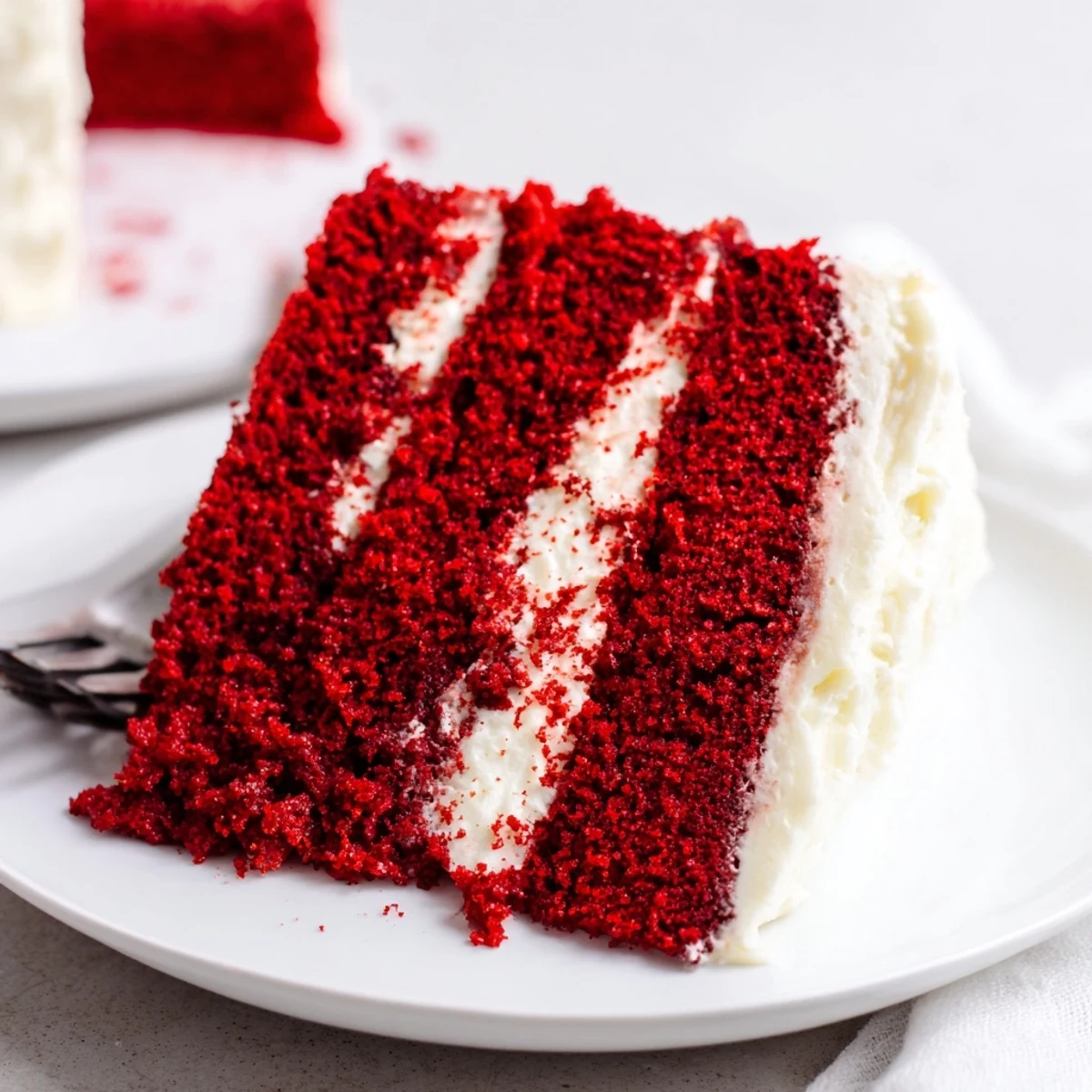 Moist Red Velvet Cake whole layer cake topped with swirls of cream cheese frosting and scattered crumbs, perfect for celebrations.