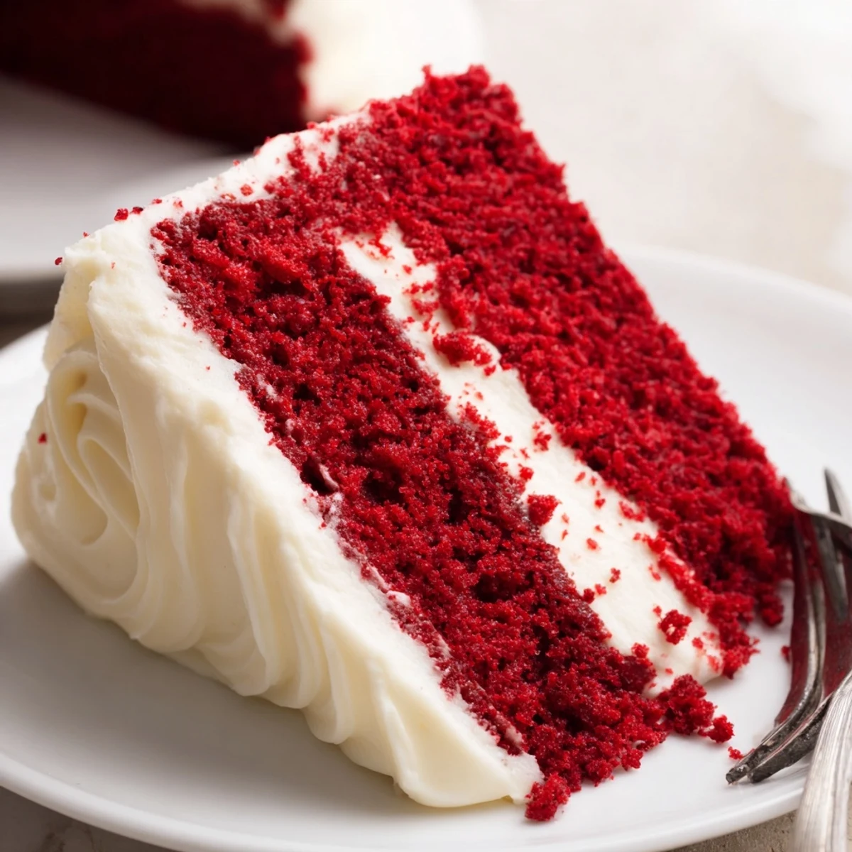 Decadent slice of Red Velvet Cake served on a white plate, showcasing velvety cocoa crumb and luxurious cream cheese frosting.