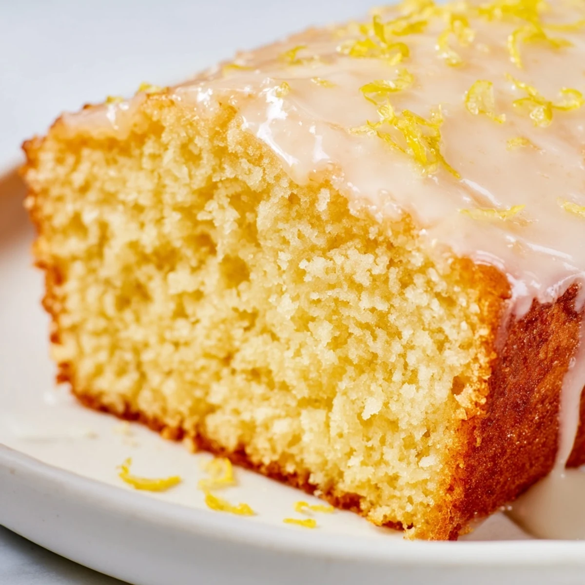 Freshly baked Lemon Pound Cake with a golden crust and sticky lemon glaze on a rustic wooden table.