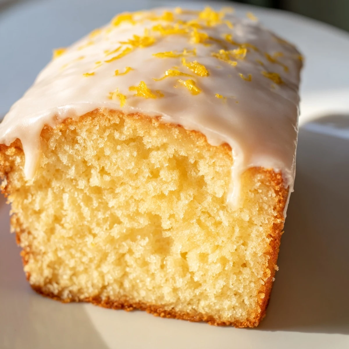 Slice of moist Lemon Pound Cake drizzled with glaze, served beside a steaming cup of coffee.