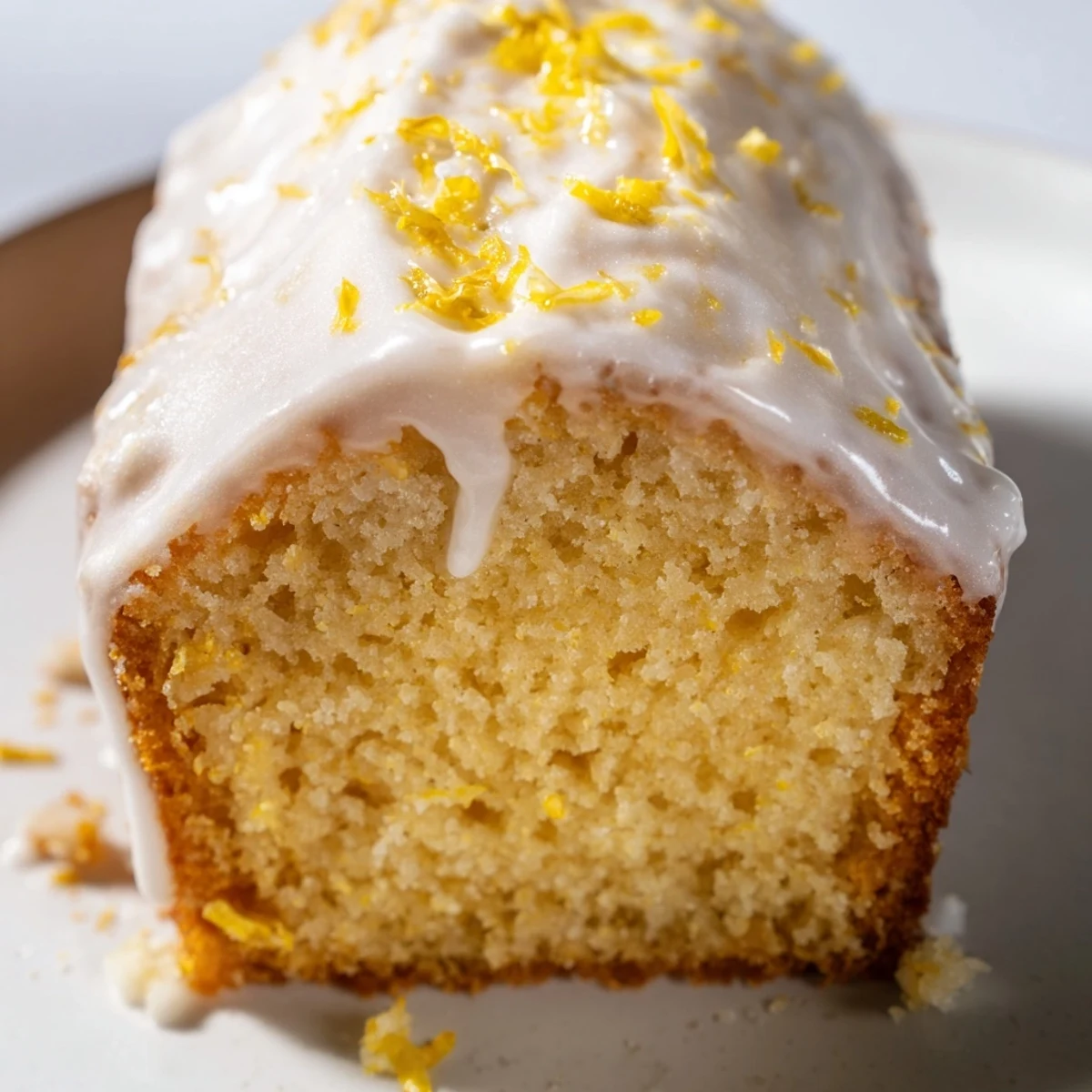 Homemade Lemon Pound Cake on a white plate with lemon slices and fresh blueberries nearby.