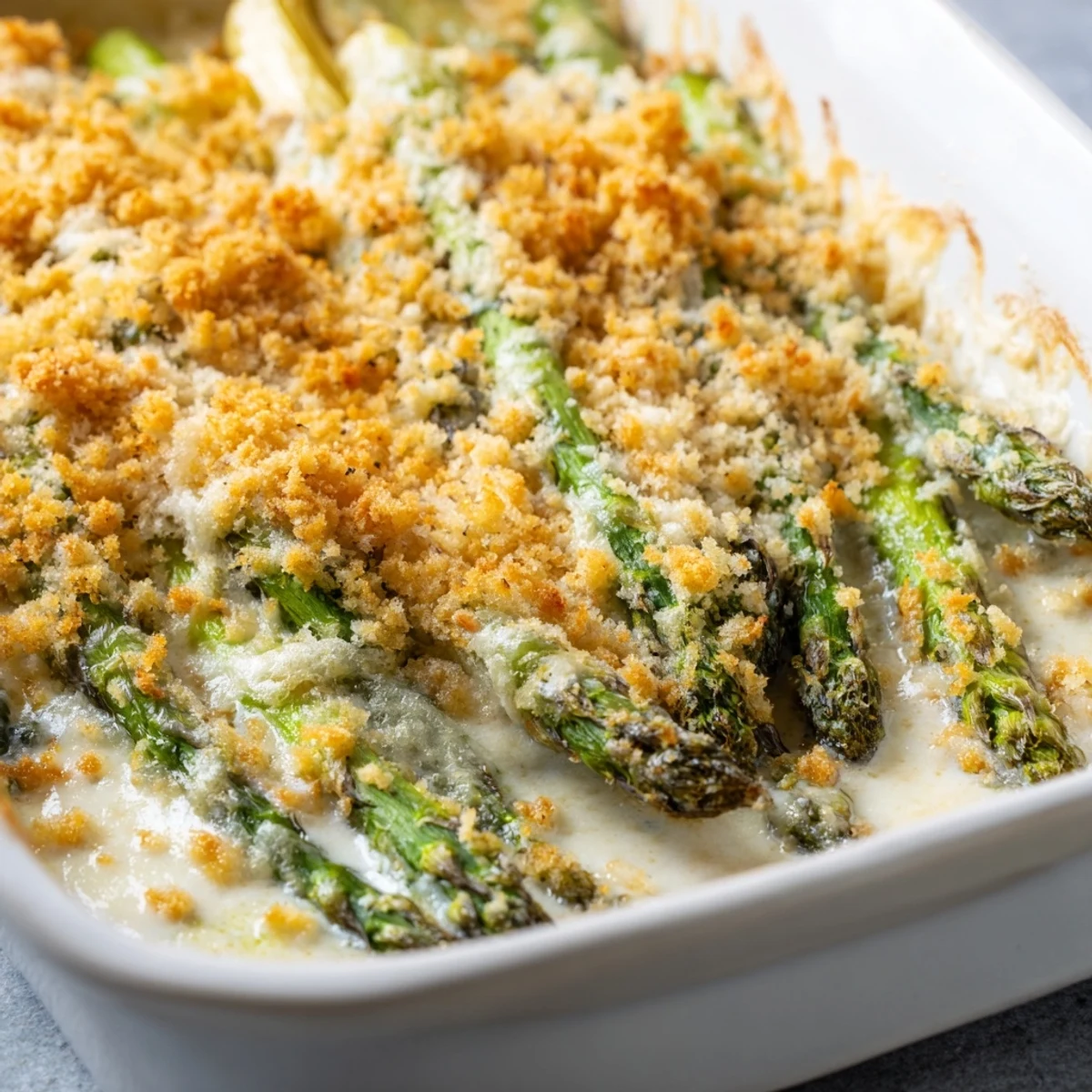 Golden-brown Asparagus Casserole with melted Gruyère and a crunchy breadcrumb topping, fresh from the oven.
