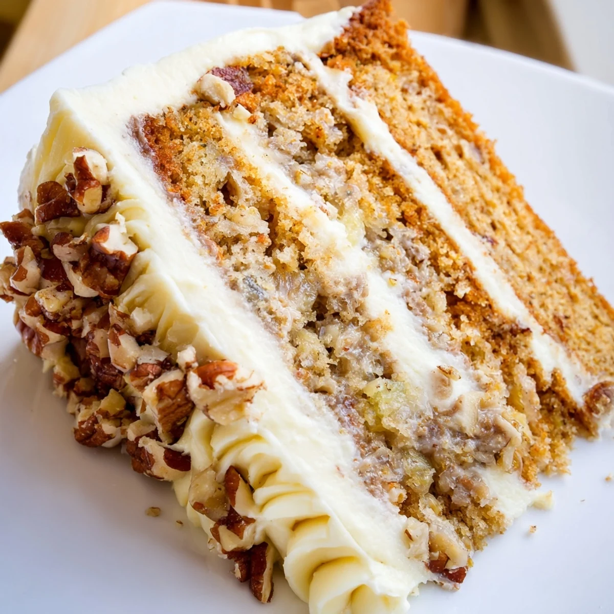 A slice of classic Southern Hummingbird Cake with creamy frosting and toasted pecans, served on a dessert plate.