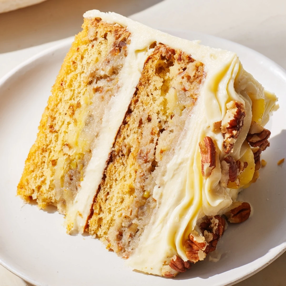 Thick layers of banana and pineapple cake are stacked and covered with a rich cream cheese frosting, garnished with pecans.