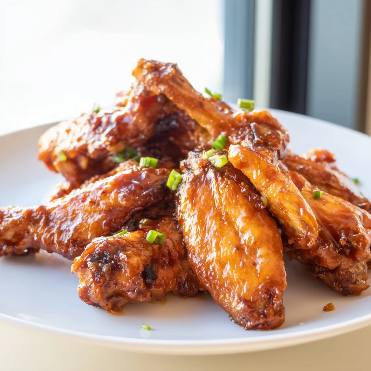 Crispy baked Honey BBQ Chicken Wings glazed with sticky sauce and parsley garnish.