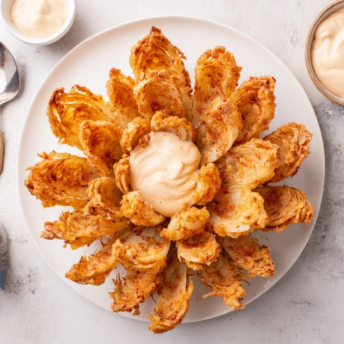 A homemade Blooming Onion recipe with seasoned batter, fried crisp, and paired with tangy dipping sauce.