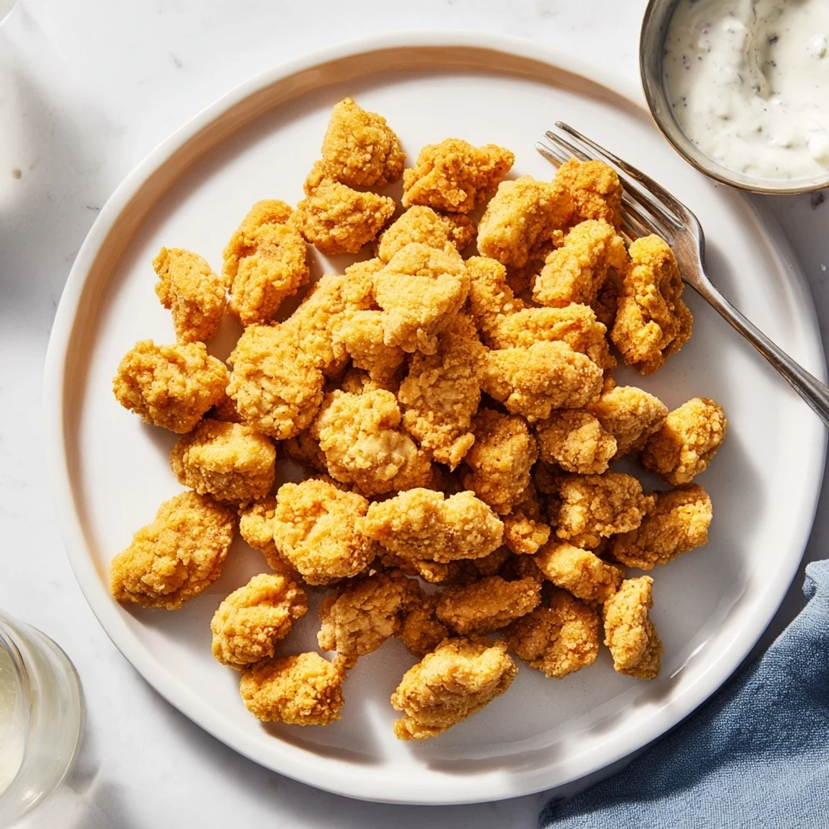 Golden-brown Popcorn Chicken pieces piled high on a wire rack, showing an extra-crispy coating and steam rising.