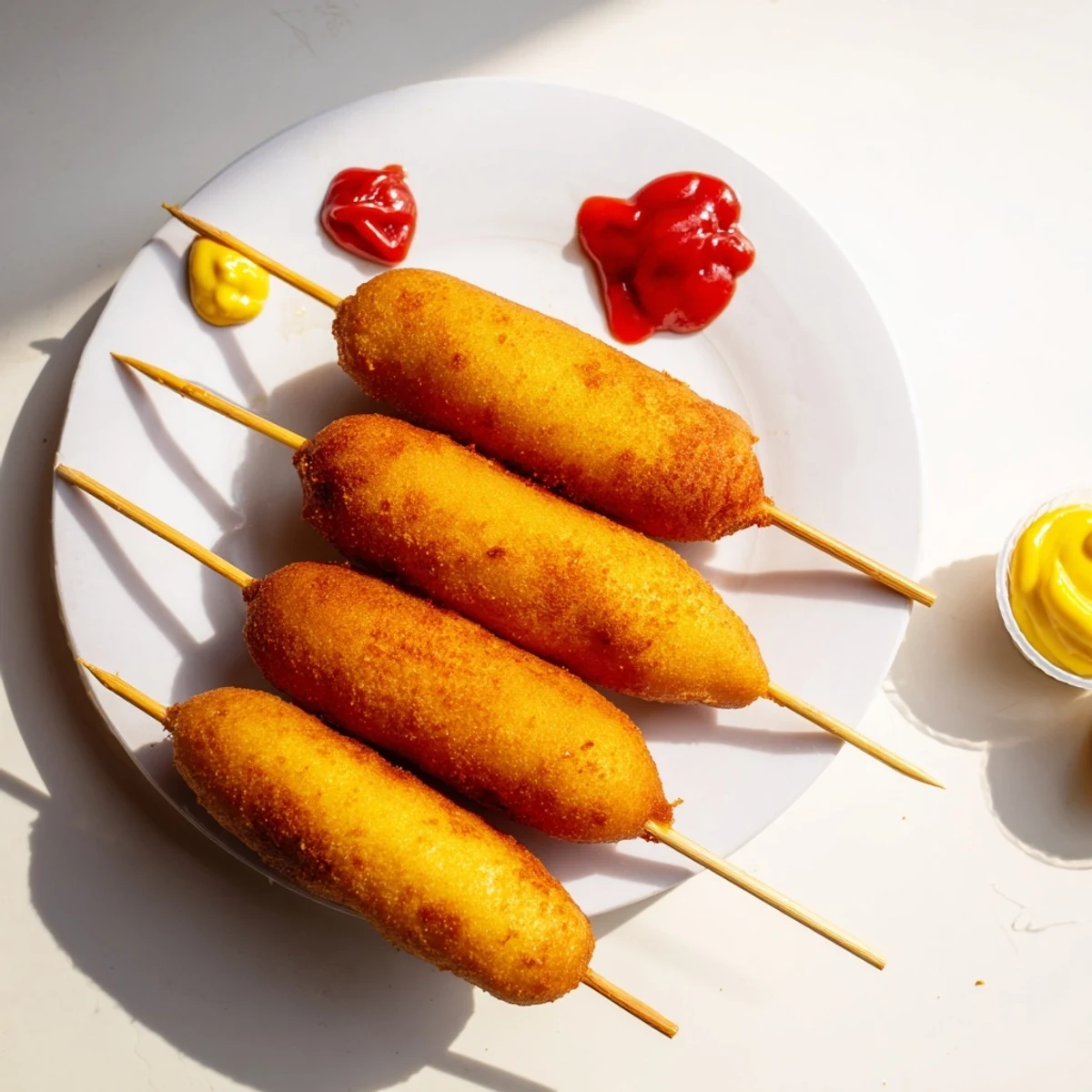 Golden brown corn dogs on a stick rest on a paper towel-lined plate, crispy sweet cornmeal batter around juicy hot dogs ready for ketchup and mustard.