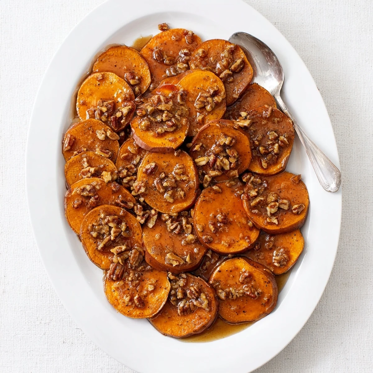 Golden-brown Candied Yams with sticky syrup bubbling, served warm alongside roast turkey for Thanksgiving dinner.