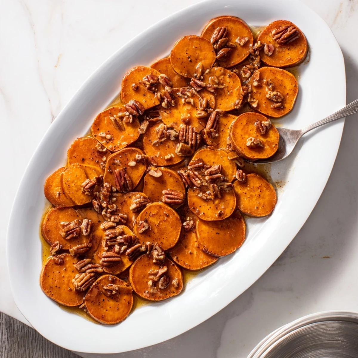 Baked Candied Yams topped with toasted pecans and mini marshmallows on a rustic holiday platter.