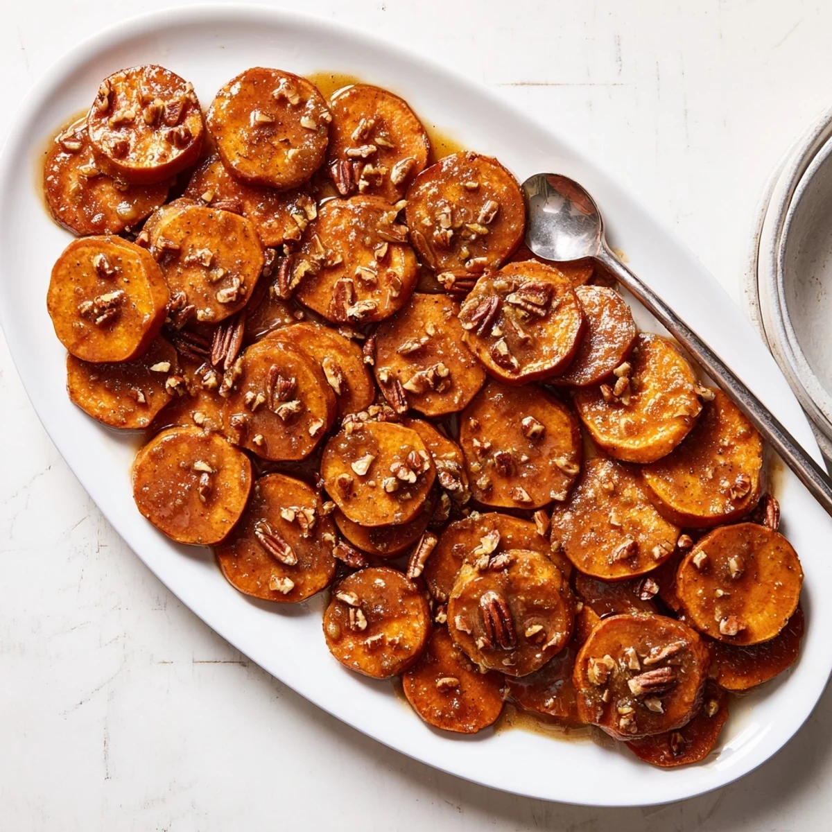 Tender sweet potato rounds glazed in brown sugar syrup with a dusting of cinnamon and nutmeg.
