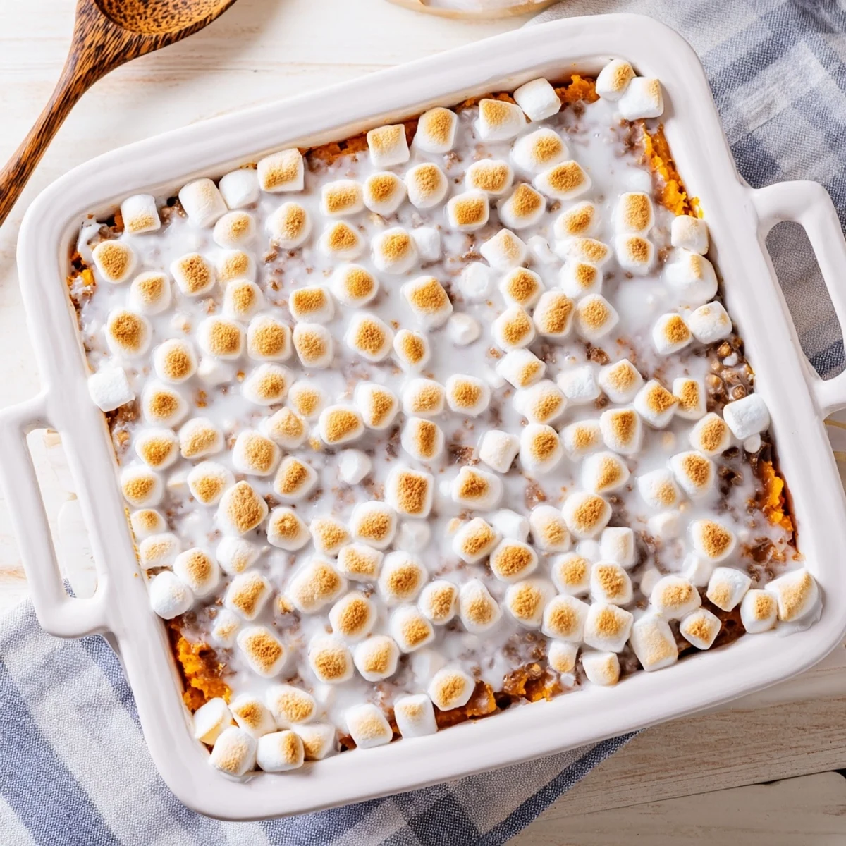 Freshly baked Sweet Potato Casserole with toasted, golden-brown marshmallows bubbling over a creamy sweet potato base.