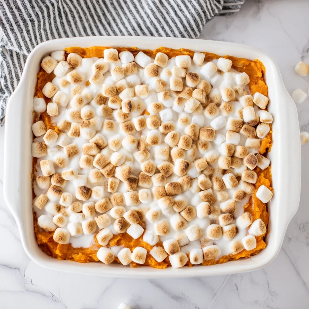 Golden-brown Sweet Potato Casserole with a crunchy pecan streusel topping, served alongside a festive holiday dinner.