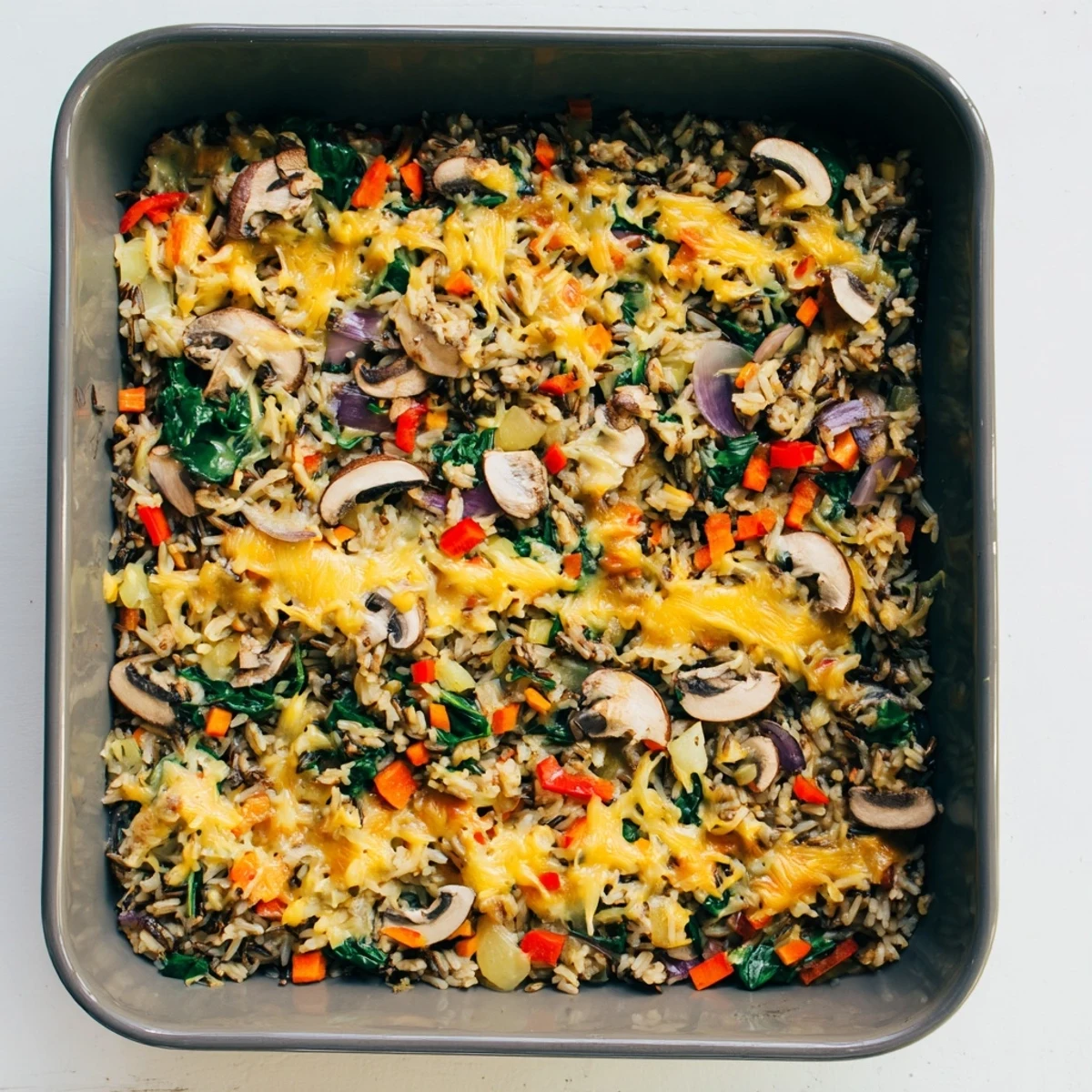 Baked Wild Rice Casserole with golden melted Gruyère, steaming in a 9x13 dish.
