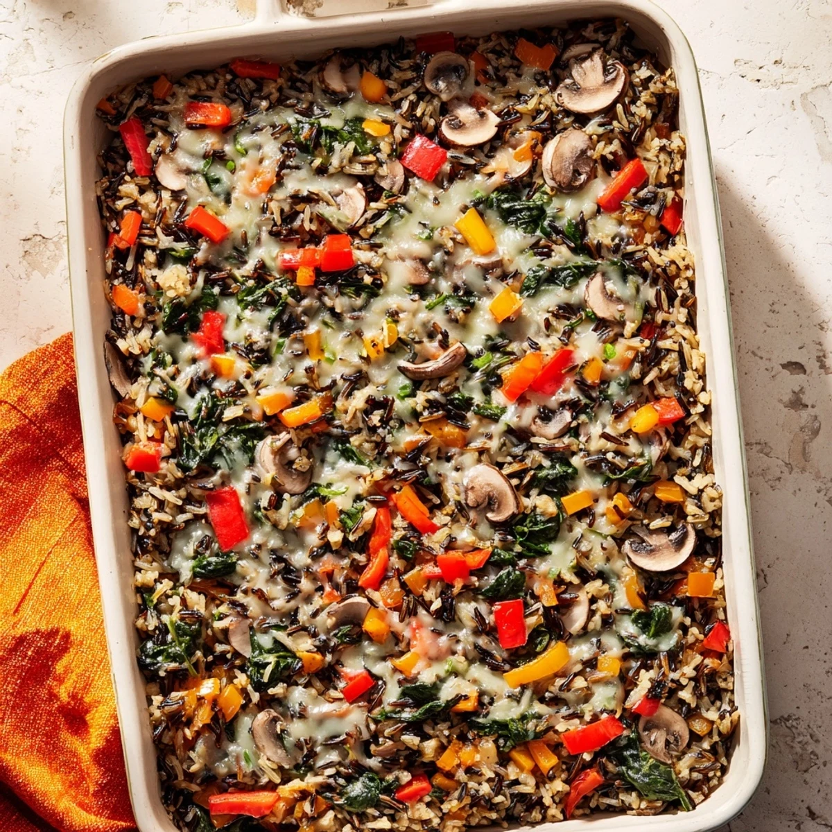 Earthy mushroom Wild Rice Casserole topped with fresh thyme, ready to serve warm.