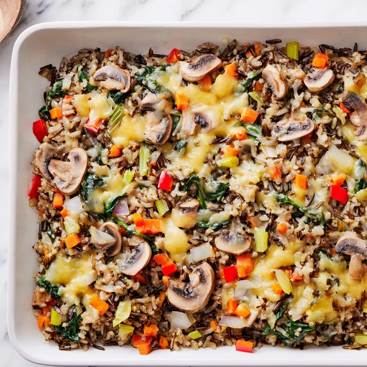 Spoon scooping hearty Wild Rice Casserole with colorful carrots, celery, and red peppers.