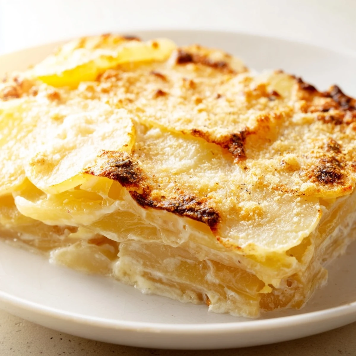 Golden brown Au Gratin Potatoes fresh from the oven with bubbling cheese and steam rising.