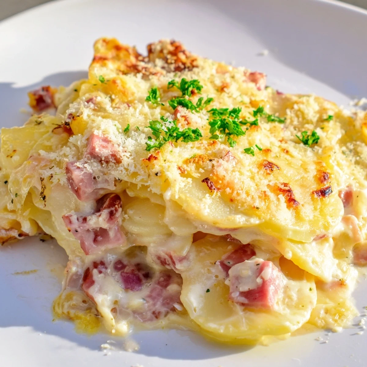 Freshly baked Scalloped Potatoes with Ham emerge from the oven with bubbling, golden cheese and a rich, creamy sauce.