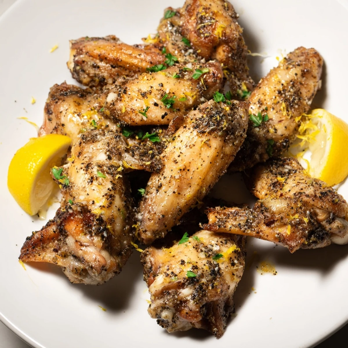 Golden brown Lemon Pepper Wings on a platter, garnished with fresh parsley and lemon zest, ready to serve.