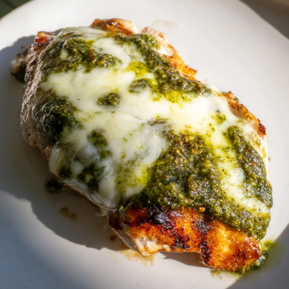 Toasted ciabatta roll filled with juicy grilled Pesto Chicken Melt, melted mozzarella, and fresh basil garnish.