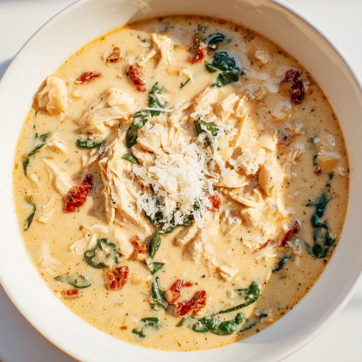 Velvety Creamy Tuscan Chicken Soup with tender shredded chicken and vibrant spinach, served steaming in a rustic bowl.  