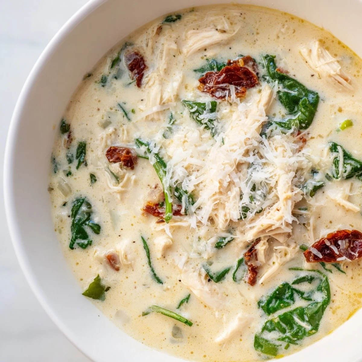 Warm Creamy Tuscan Chicken Soup with a creamy herb-infused broth, sun-dried tomatoes, spinach, and grated Parmesan garnish.