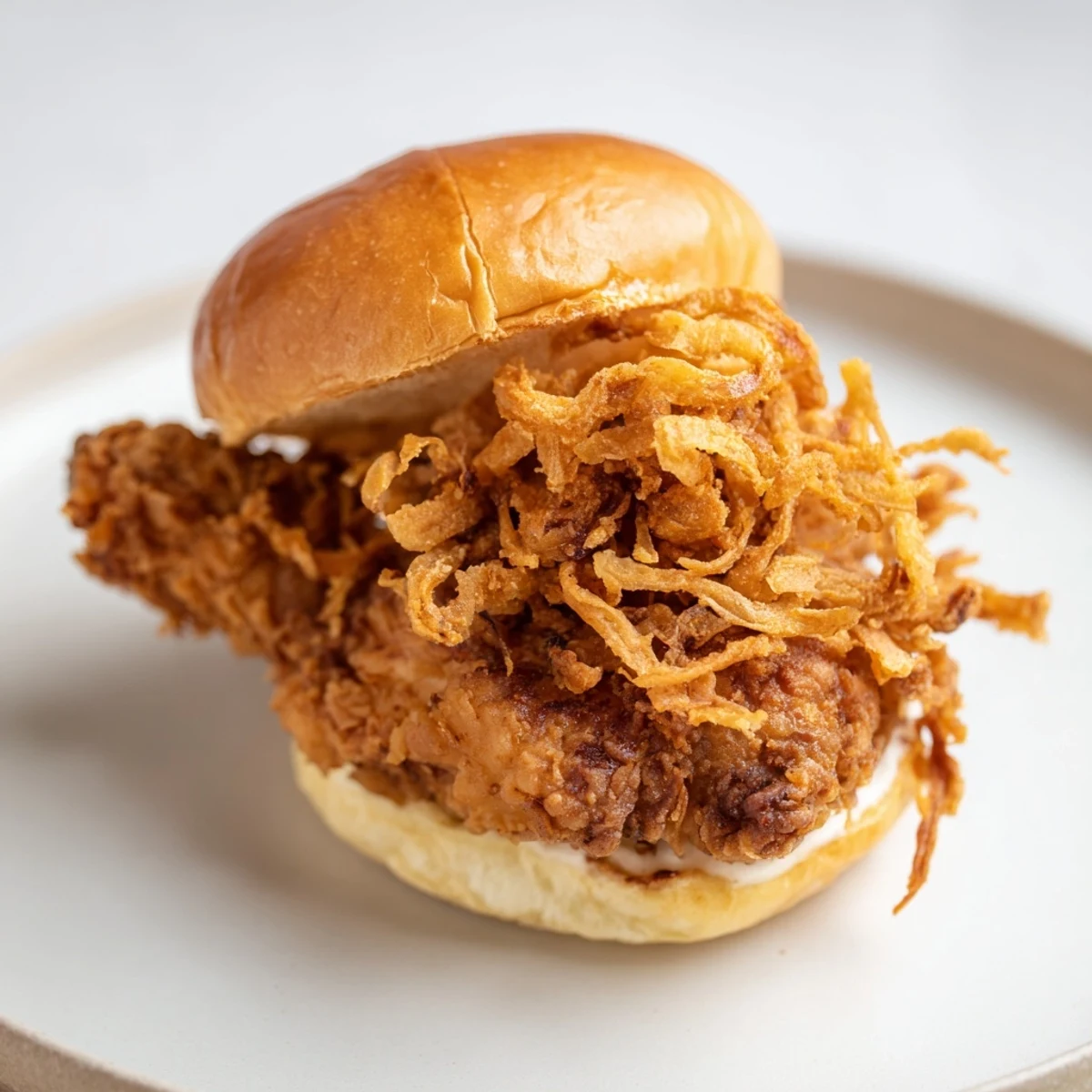 The crispy onion chicken sandwich on a brioche bun is topped with golden fried onions and creamy aioli.  