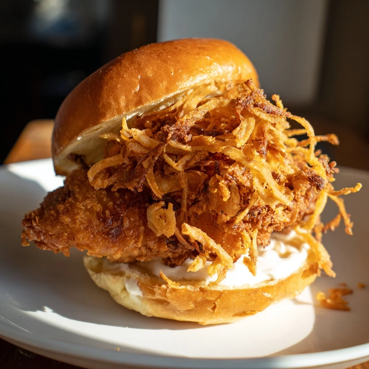 Buttermilk-marinated fried chicken is layered with crunchy onions and fresh lettuce inside a soft brioche bun.  
