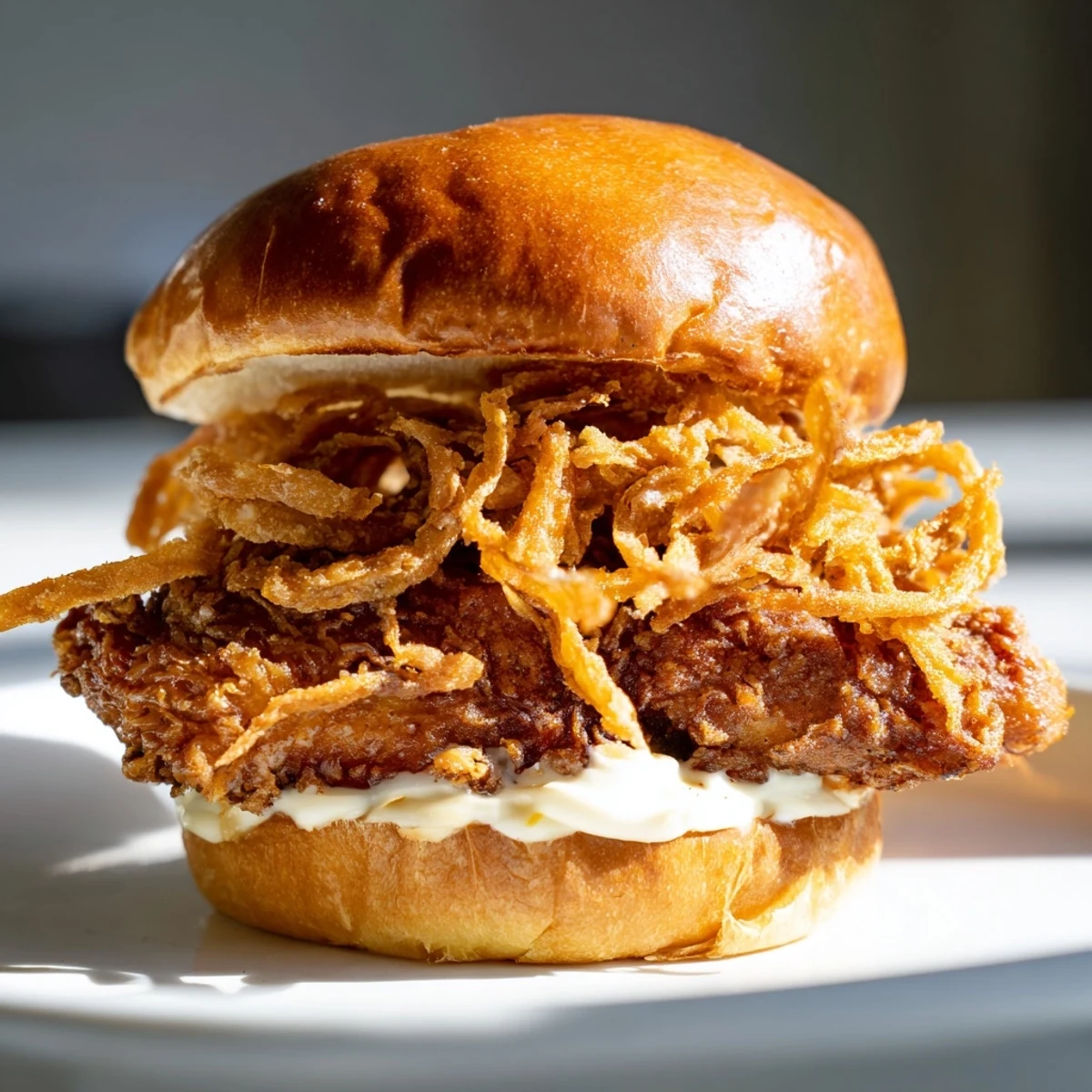 A golden fried chicken sandwich features crispy onions and creamy aioli, served on a toasted brioche bun.