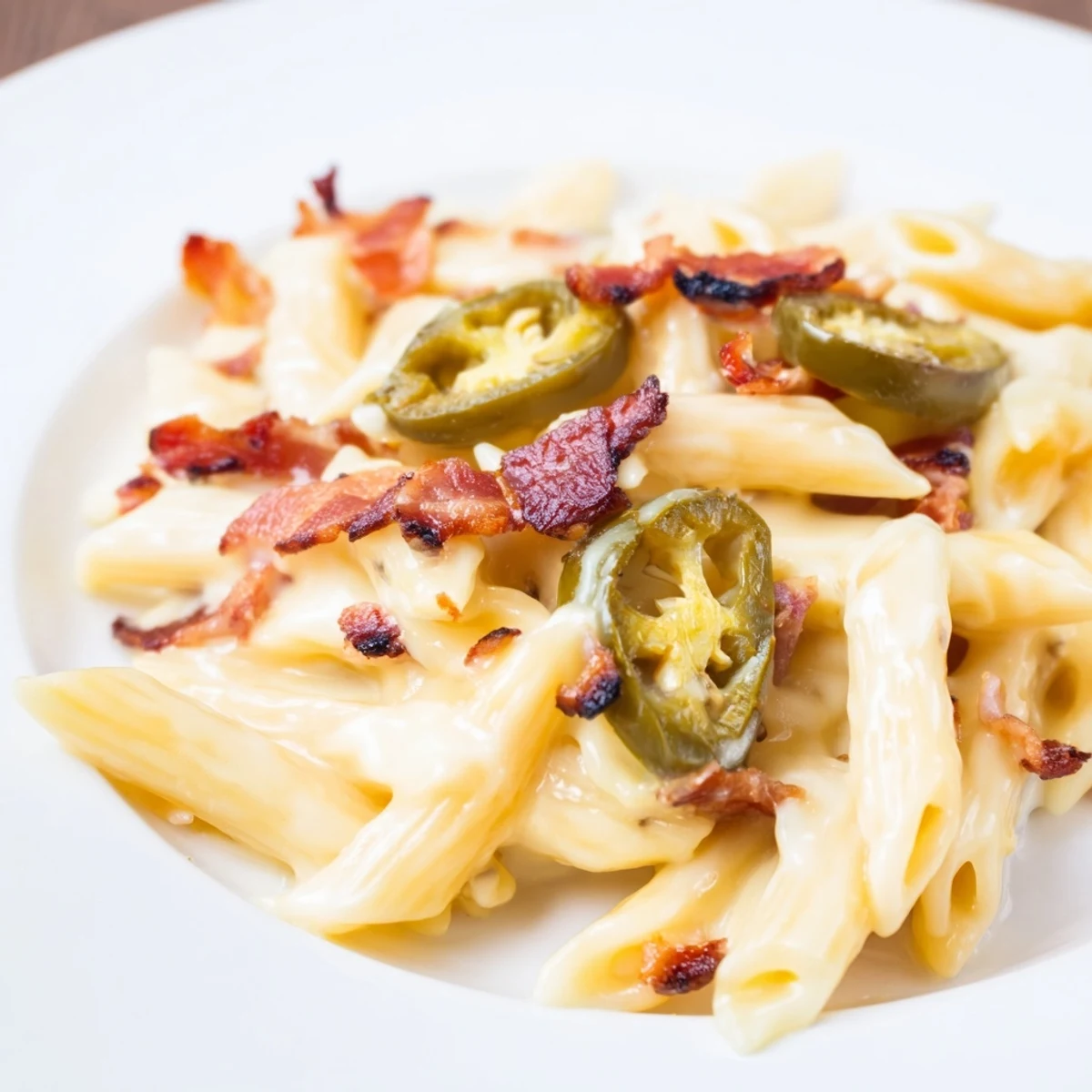 Creamy Jalapeño Popper Pasta with crispy bacon, roasted jalapeños, and melted cheddar sauce ready to serve.