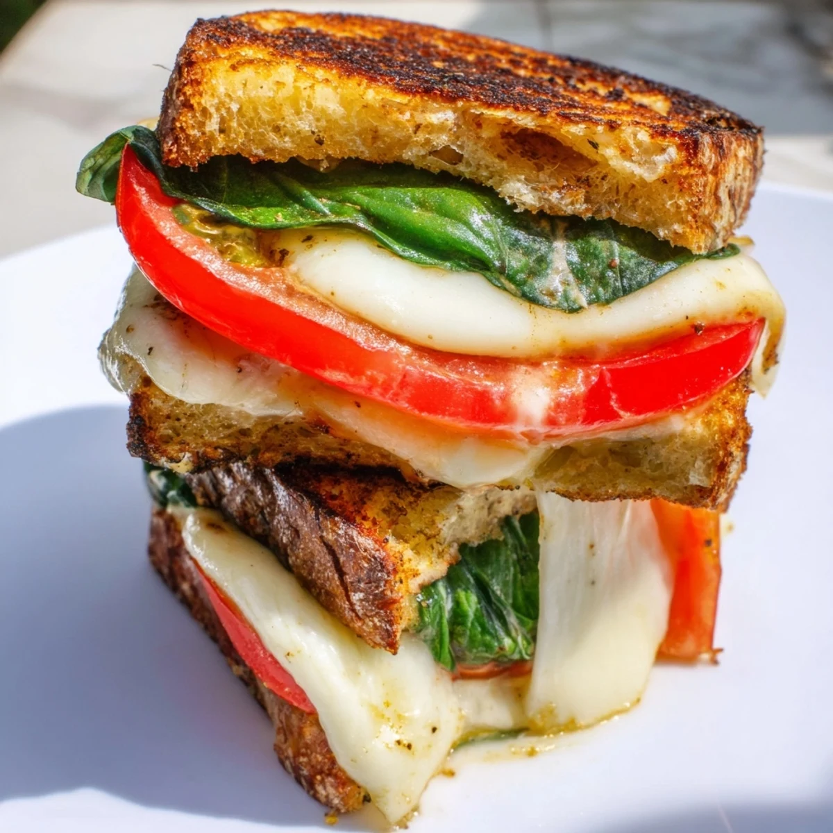 Fresh slices of ripe tomato and melted mozzarella stacked between golden toasted sourdough in the Tomato Basil Grilled Cheese sandwich.