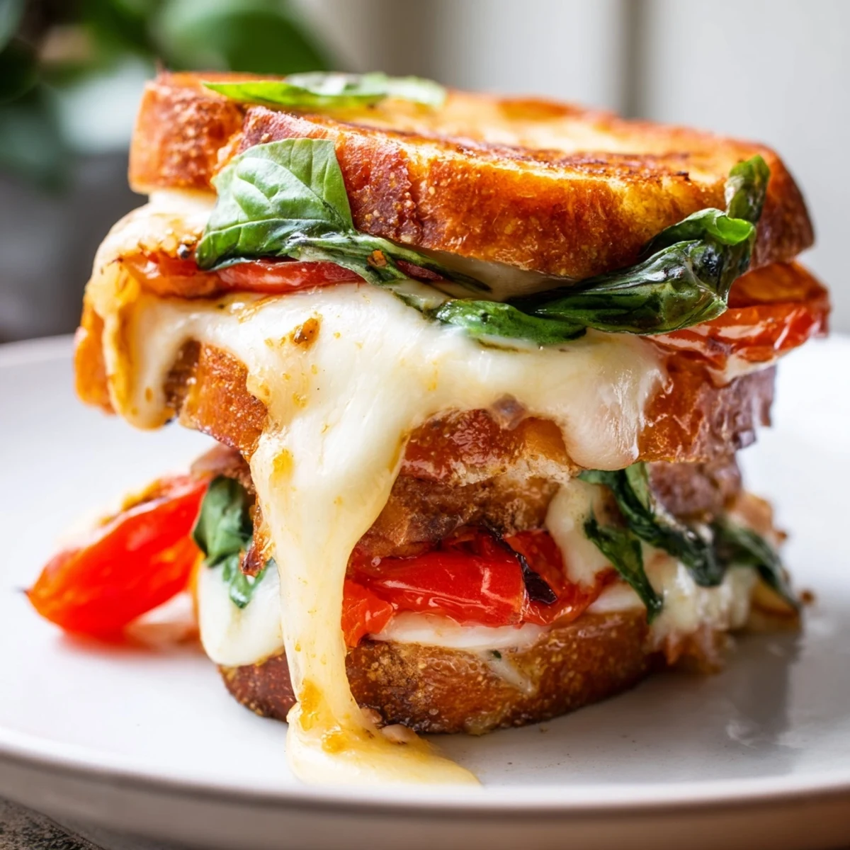A close-up view shows melted mozzarella, fresh basil, and ripe tomato slices inside golden sourdough for the Tomato Basil Grilled Cheese.