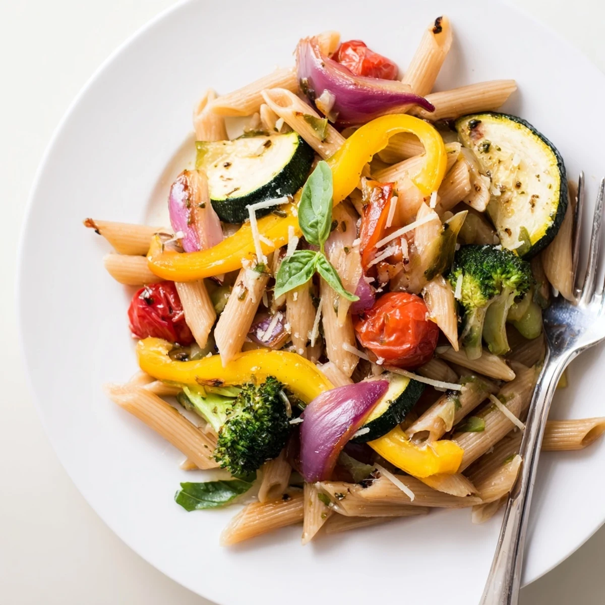 A close-up of colorful Pasta Primavera in a white bowl, featuring roasted zucchini, bell peppers, and tomatoes tossed with penne.