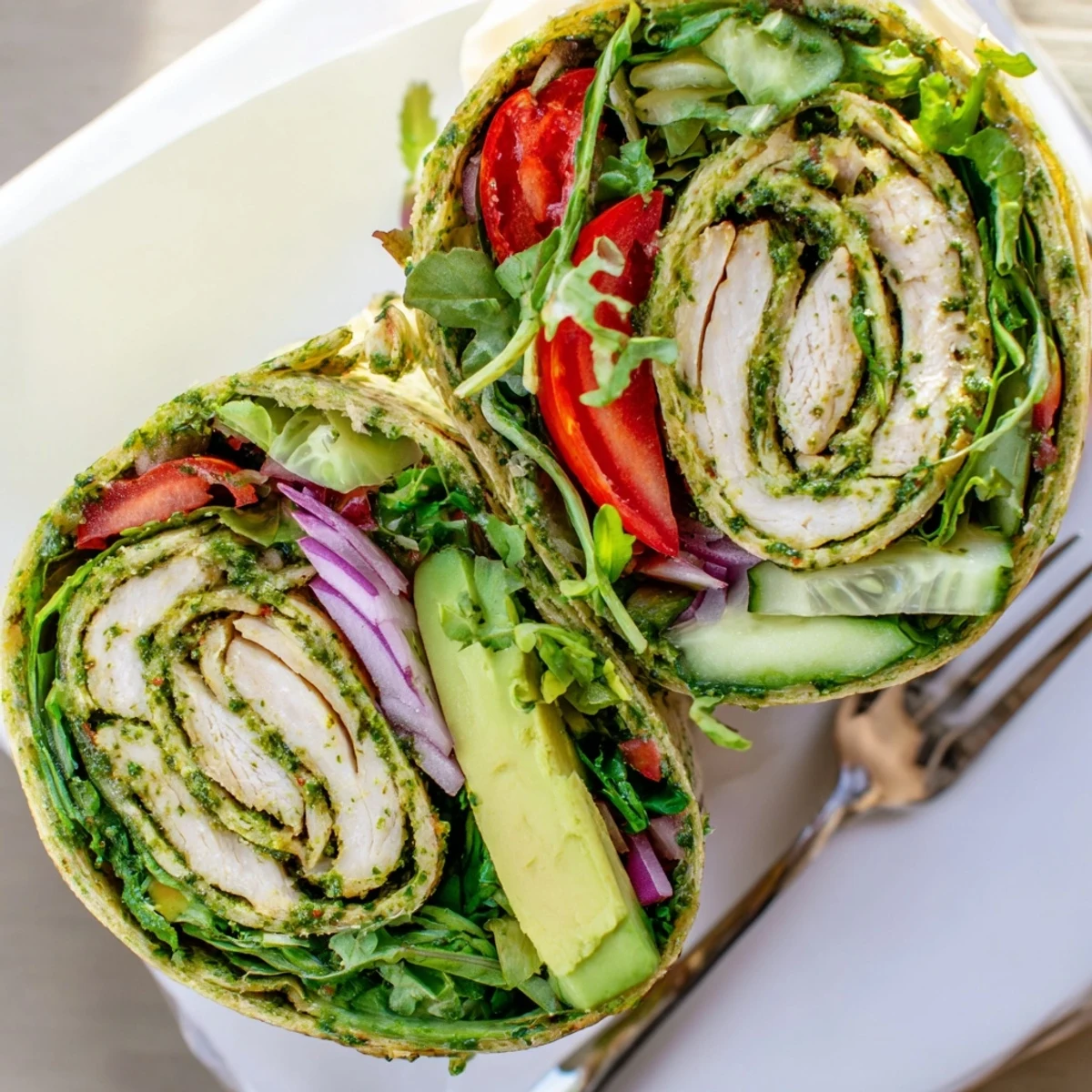 South American-inspired chimichurri chicken salad wrap with zesty sauce, sliced red onion, and mixed greens for a quick, healthy lunch.