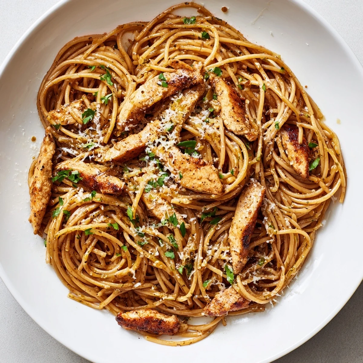 Tender golden chicken and spaghetti tossed in nutty brown butter and bright lemon, garnished with fresh parsley.  
