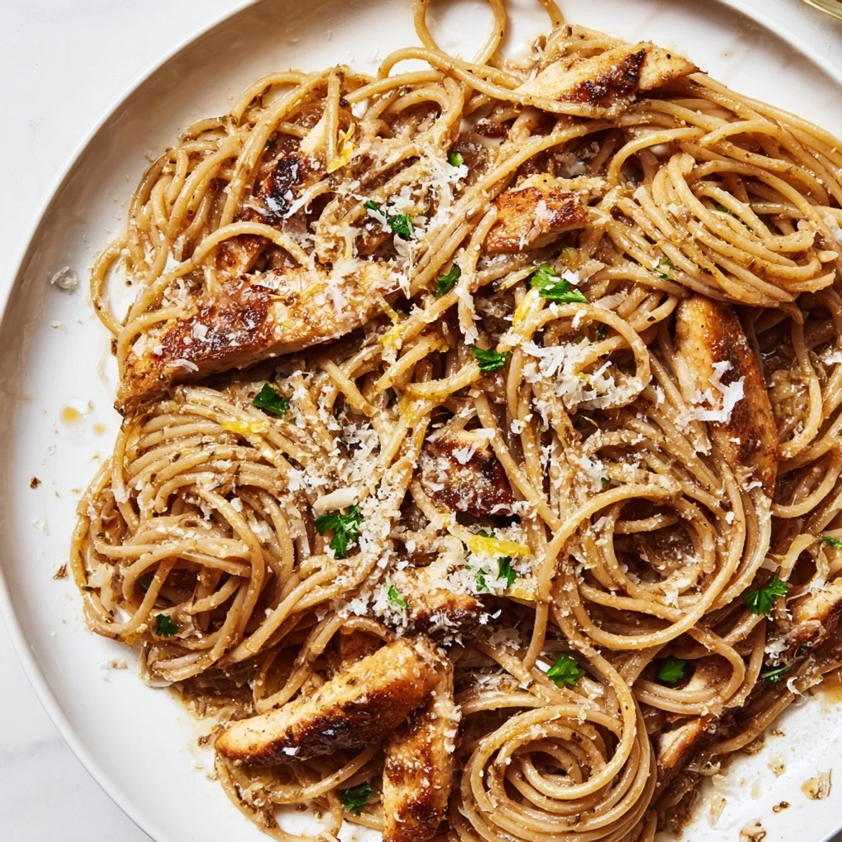 A skillet of Brown Butter Lemon Chicken Pasta ready to serve with lemon wedges and extra Parmesan.  
