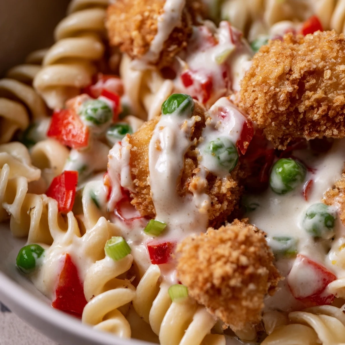 Overhead view of Crispy Chicken Ranch Pasta Salad, a colorful main dish for picnics or potlucks, featuring tender pasta, sweet peas, and creamy ranch dressing drizzled over the top.