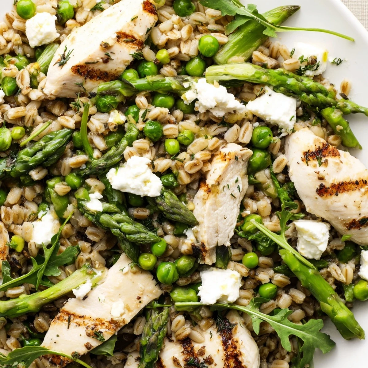 Tender grilled chicken and bright green asparagus atop warm farro, dressed in a zesty lemon vinaigrette, make this Warm Spring Farro Chicken Salad a fresh lunch.
