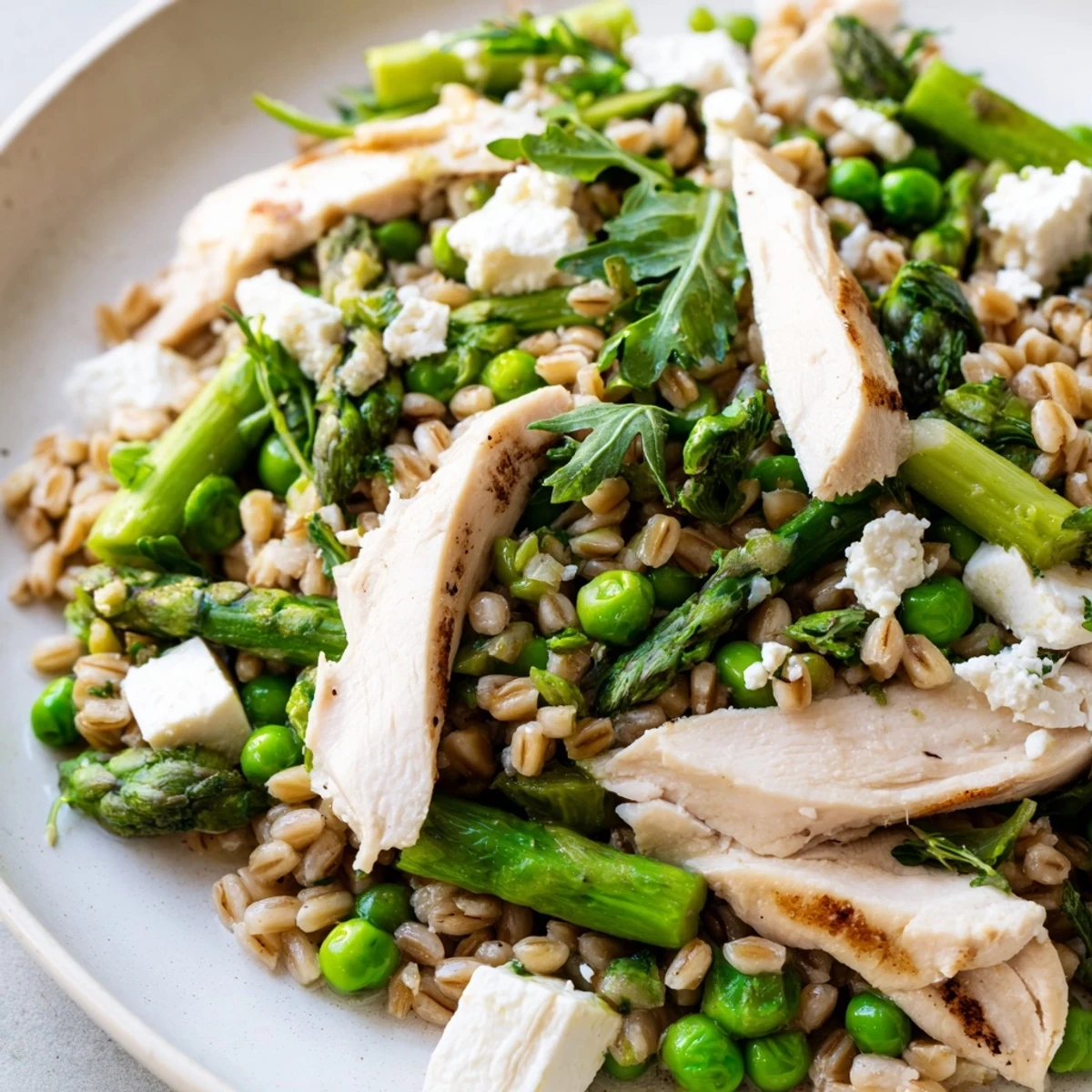 Serve this Warm Spring Farro Chicken Salad warm or at room temperature, garnished with fresh herbs, for a refreshing, high-protein family meal.