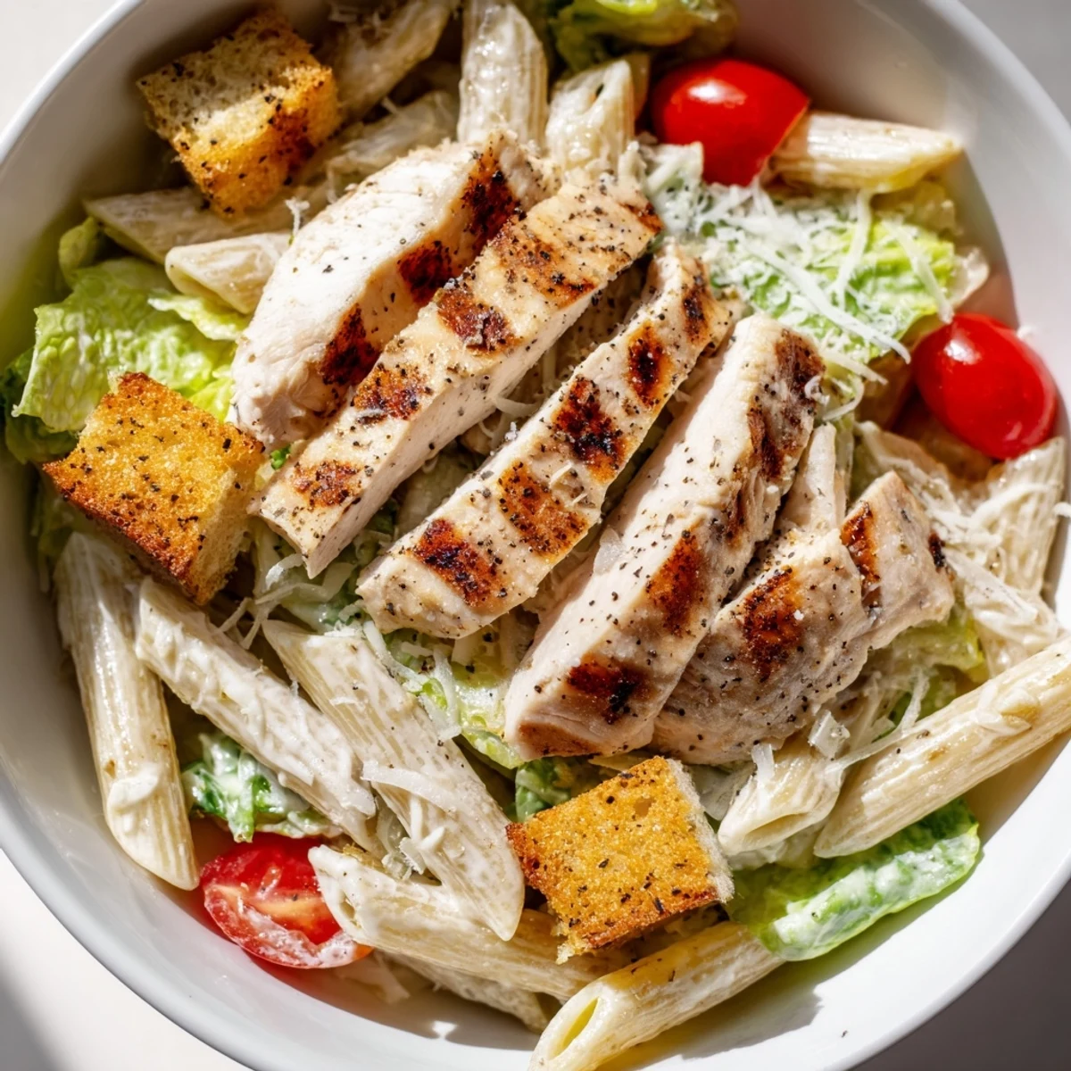 Grilled chicken strips and crisp romaine tossed with pasta in creamy Caesar dressing in a Caesar Pasta Chicken Bowl.