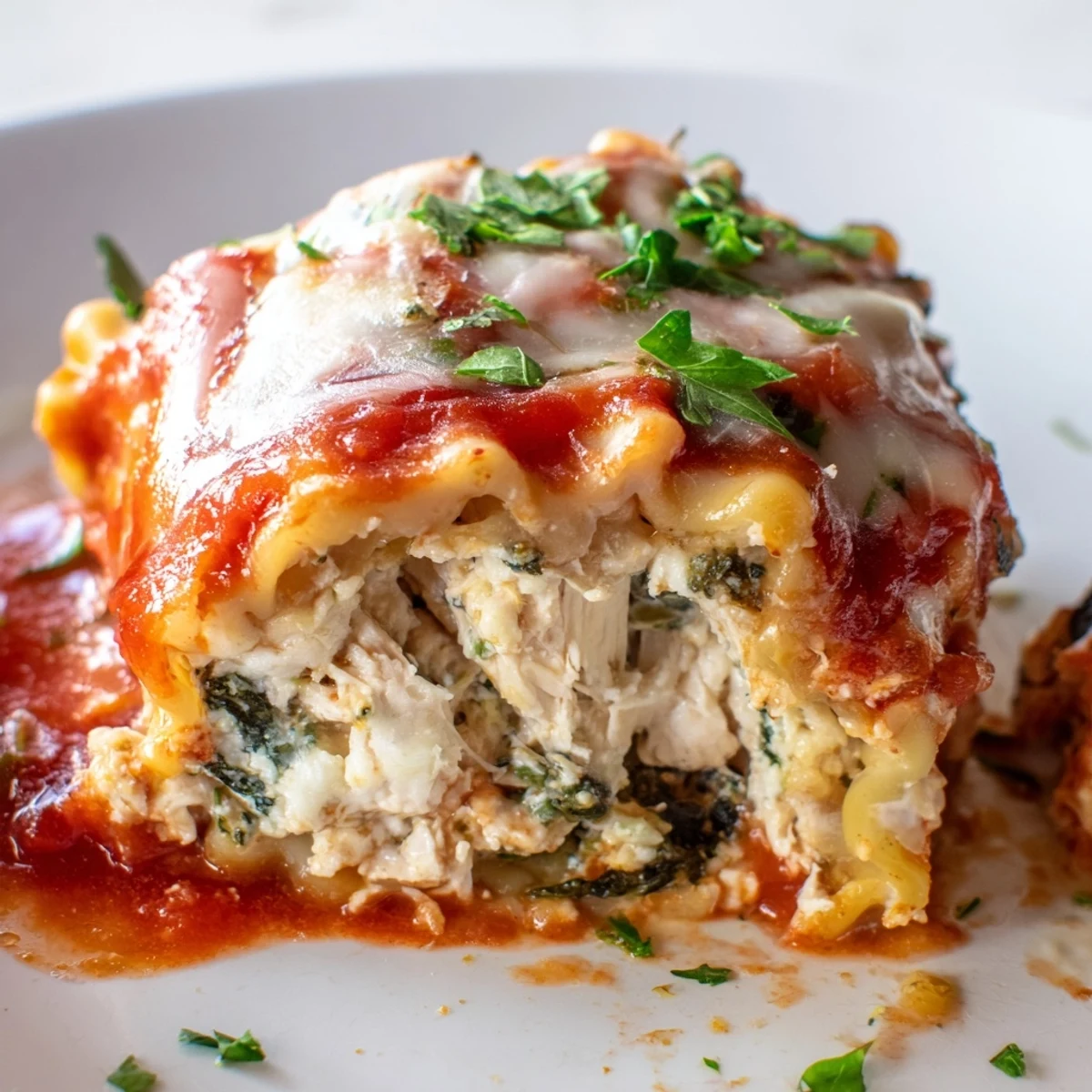 Close-up view of a cut Chicken and Spinach Lasagna Roll, revealing creamy ricotta, tender chicken, and spinach filling.