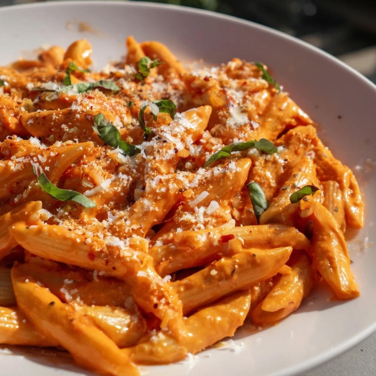 Creamy roasted red pepper pasta twirled on a fork with a velvety, bright orange sauce clinging to penne.  