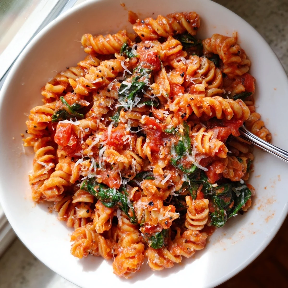 Freshly cooked Tomato Spinach One-Pot Rotini in a skillet, featuring tender pasta coated in a vibrant tomato broth with wilted spinach leaves.  