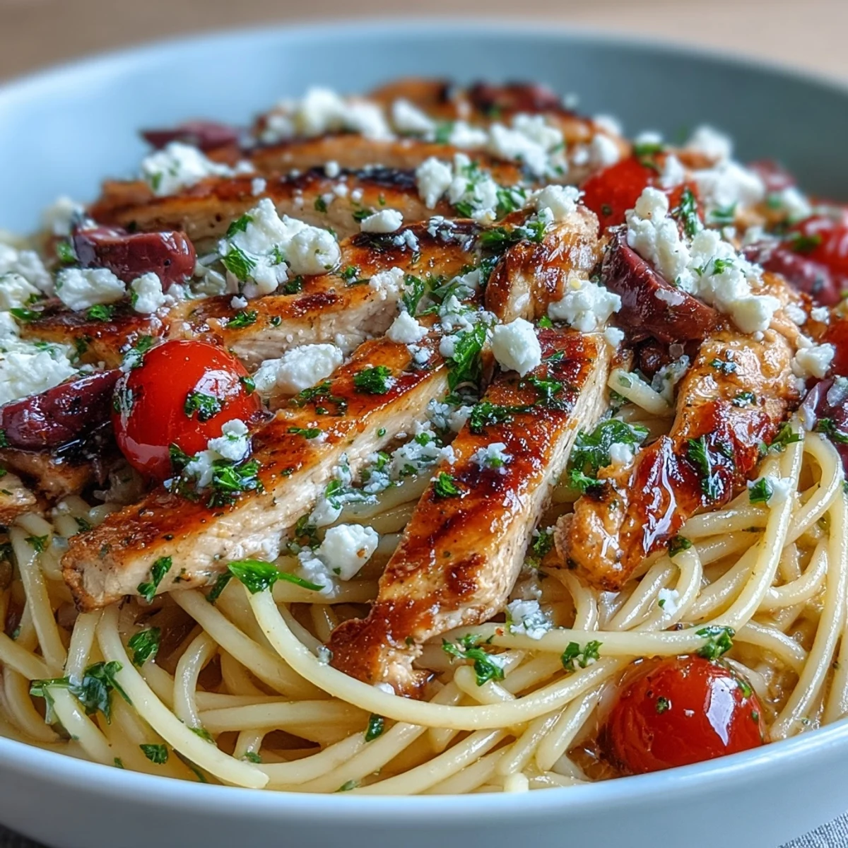 Grilled chicken, cherry tomatoes, and feta cheese tossed with spaghetti in a vibrant Greek Chicken Spaghetti dish.