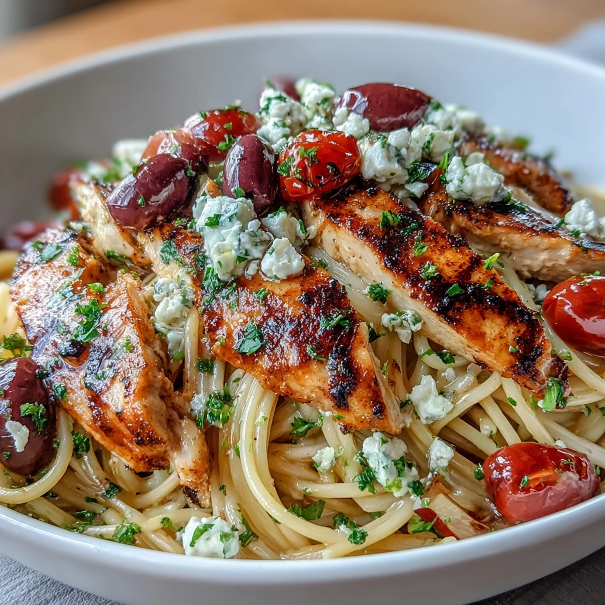Tender sliced chicken and creamy feta garnish a hearty plate of Greek Chicken Spaghetti with olives and herbs.